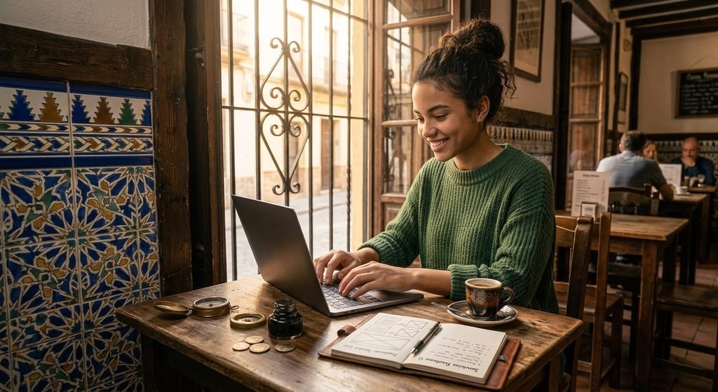 Freelancer trabajando con su ordenador portátil en una terraza