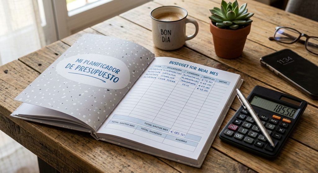 Planificador de presupuesto mensual con calculadora, aplicando la regla 50/30/20 para empezar a ahorrar dinero