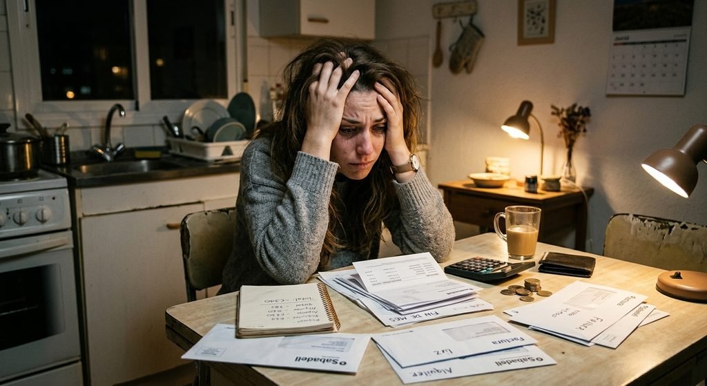 Mujer estresada revisando facturas y haciendo cálculos para su presupuesto mensual en la mesa de la cocina