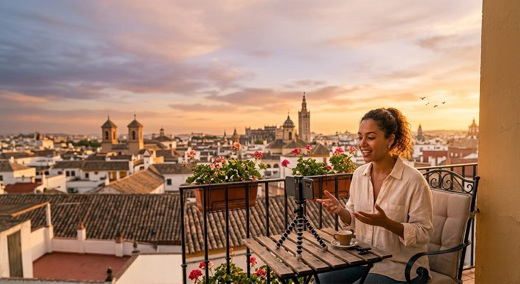 Persona trabajando con su portátil en una terraza con vistas a la ciudad, ejemplo de negocio rentable que no requiere gran ahorro previo ni inversión inicial