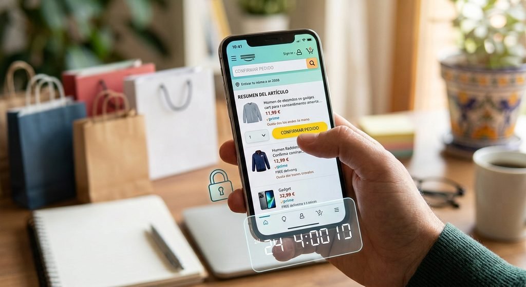 Persona a punto de confirmar una compra online, aplicando la regla de las 24 horas para evitar compras impulsivas
