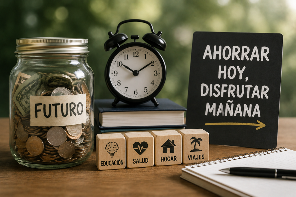 Tarro de ahorro para el futuro con cubos de metas de ahorro: educación, salud, hogar y viajes