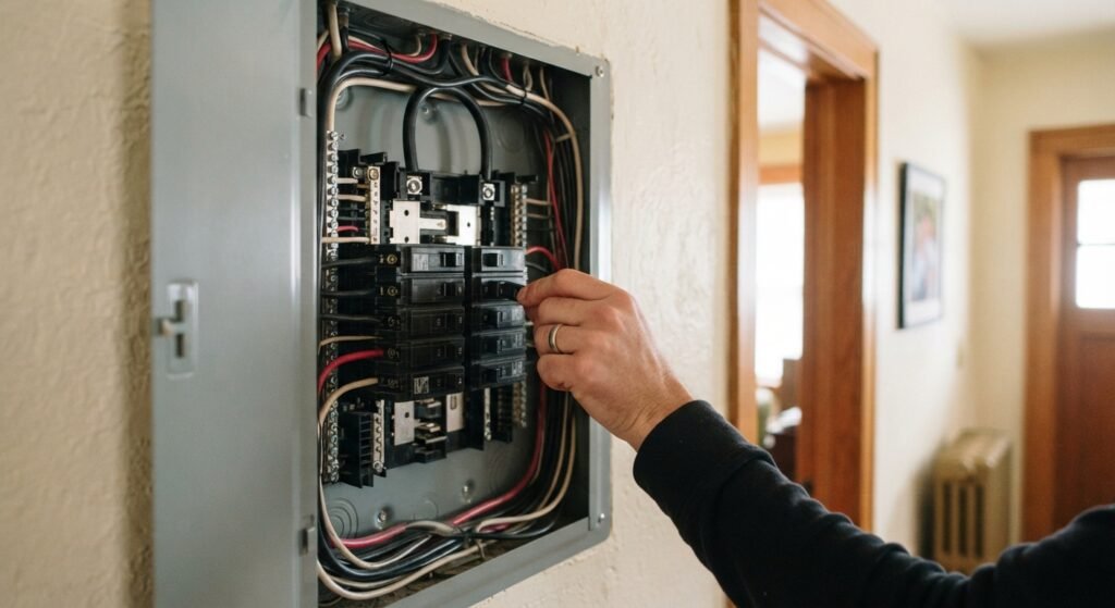Persona ajustando el cuadro eléctrico de casa para bajar la potencia y conseguir ahorro de energía