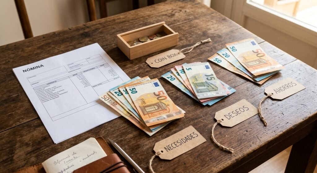 Nómina y billetes de euro repartidos en tres montones, aplicando la regla 50/30/20 para organizar tu ahorro