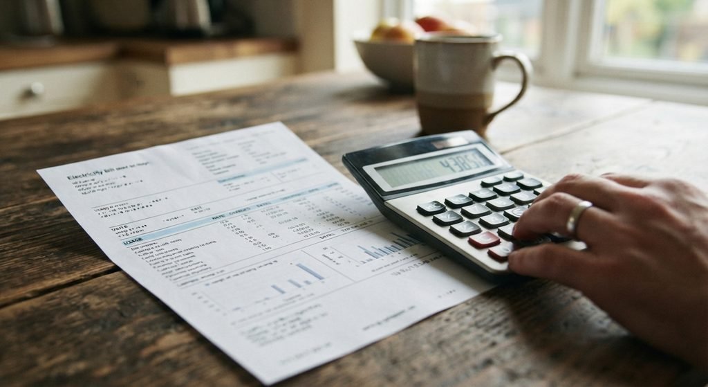 Factura de la luz y calculadora, calculando el ahorro de energía al bajar la potencia contratada
