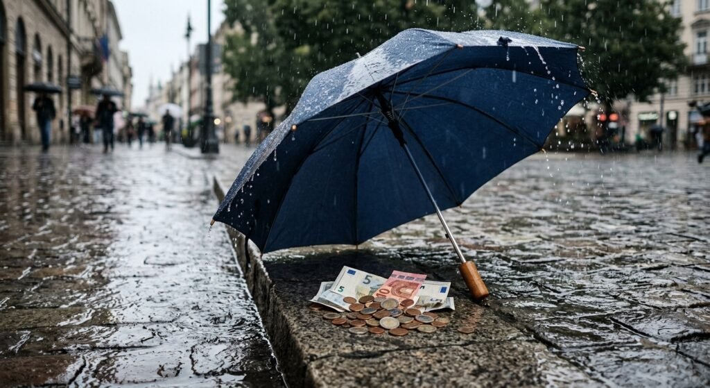 Paraguas protegiendo monedas y billetes de la lluvia, representando el ahorro de un fondo de emergencia