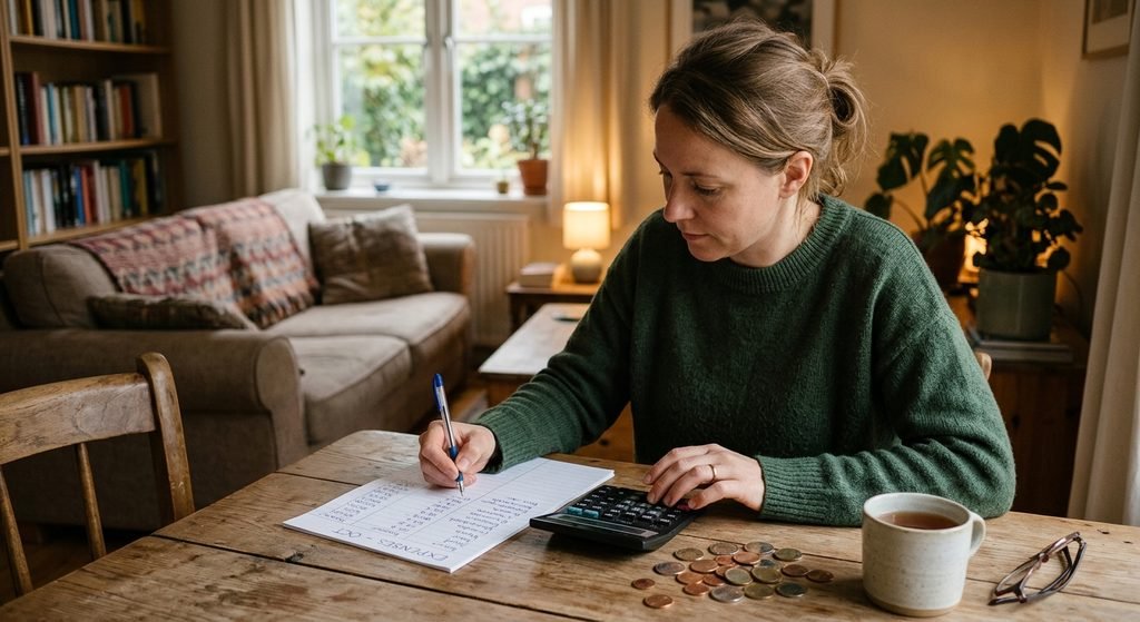 Persona calculando sus gastos mensuales con calculadora, para saber cuánto ahorro necesita en su fondo de emergencia