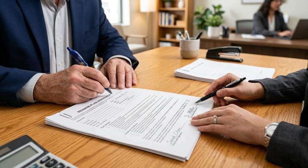 Persona firmando un contrato de ahorro en una entidad bancaria