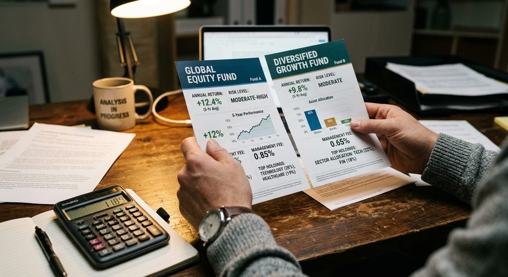 Comparando comisiones de fondos de inversión con calculadora y folletos informativos
