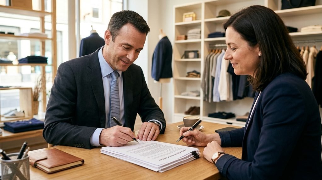 Franquiciador y franquiciado firmando el contrato de una franquicia rentable