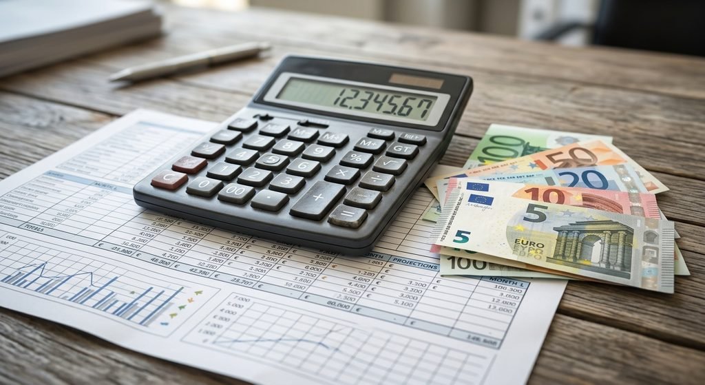 Calculadora y billetes de euro calculando la inversión necesaria para franquicias rentables