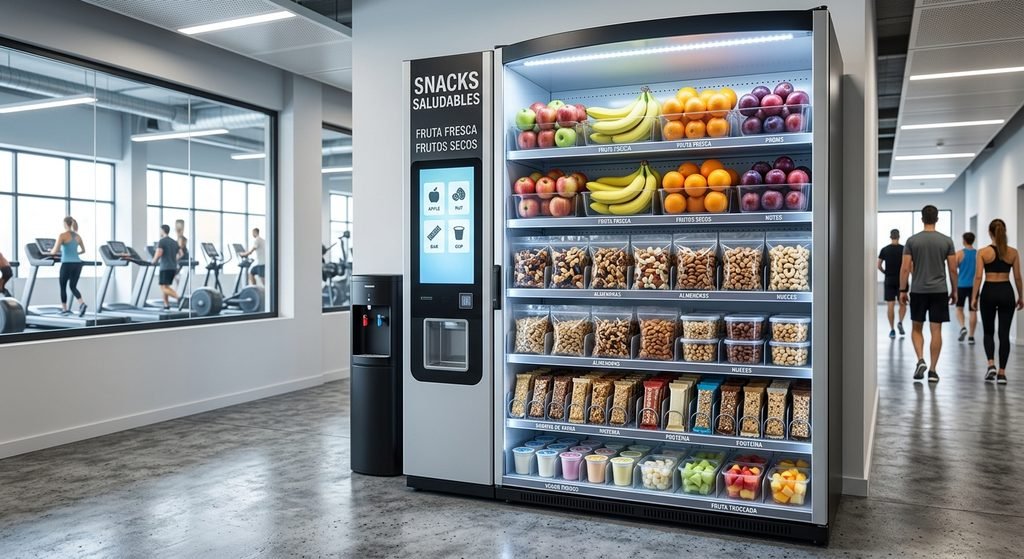 Máquina expendedora de snacks saludables, uno de los negocios poco explotados en gimnasios y colegios.