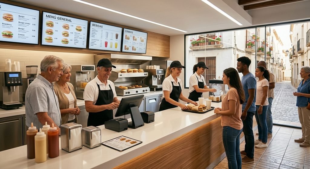 Mostrador de una franquicia de comida rápida con clientes esperando su pedido