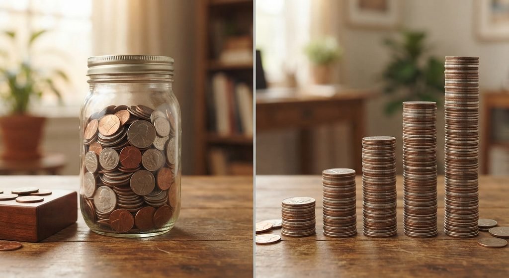 Comparativa visual de ahorro e inversión: un tarro estable frente a monedas en crecimiento