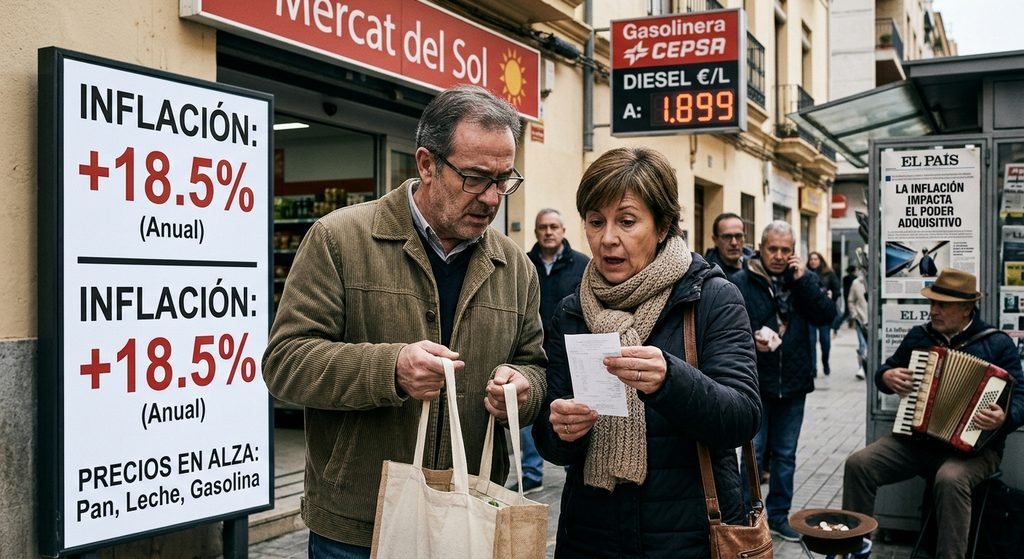 Qué es la inflación: cartel con el IPC anual al 18,5% y su impacto en los precios de pan, leche y gasolina