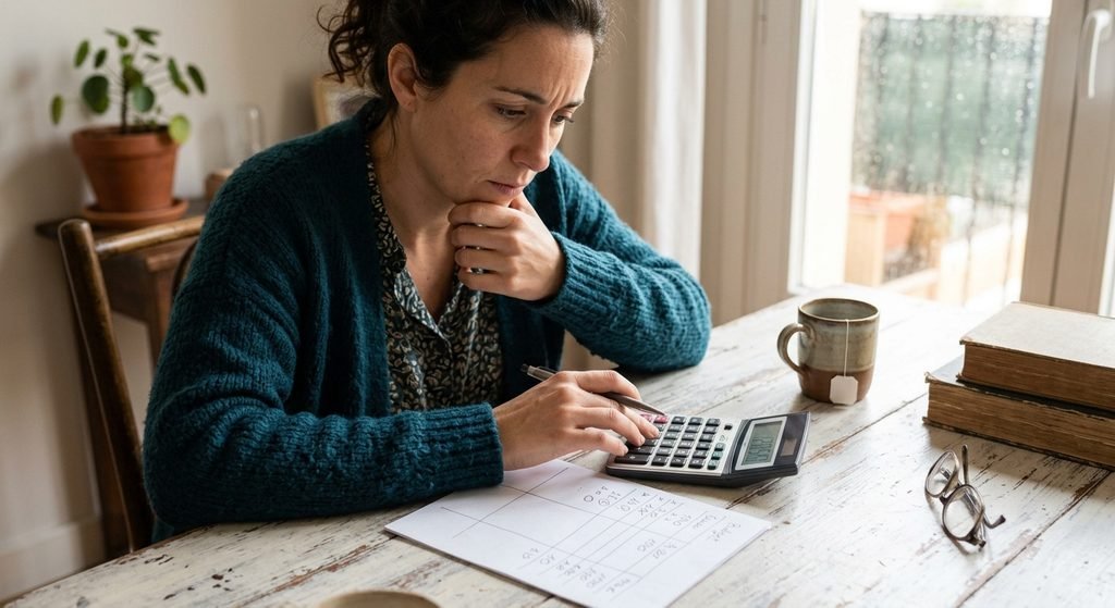 Persona calculando su ahorro mensual mientras ajusta su presupuesto según la regla 50/30/20