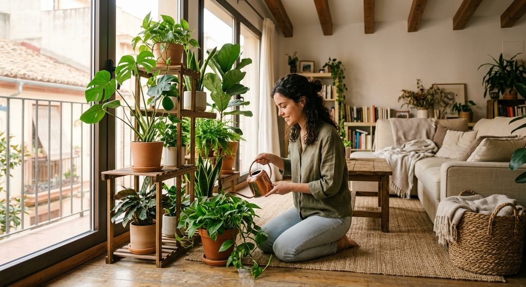 Persona cuidando plantas de un vecino durante sus vacaciones, un negocio de baja inversión y buen ahorro inicial