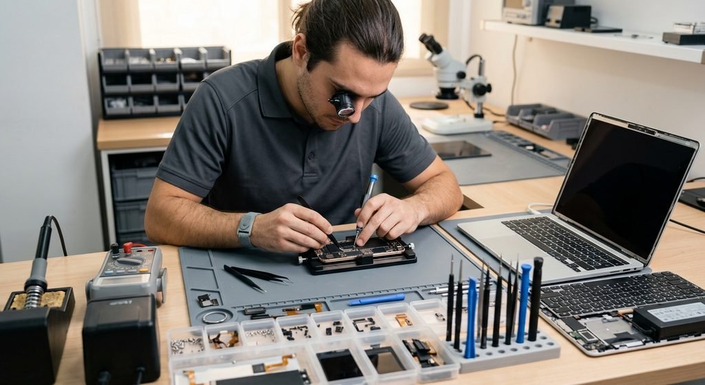 écnico reparando móviles y portátiles de segunda mano, negocio en crecimiento en España