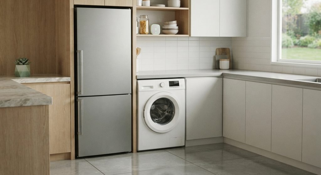 Frigorífico y lavadora en una cocina moderna, electrodomésticos clave para el ahorro de energía en casa