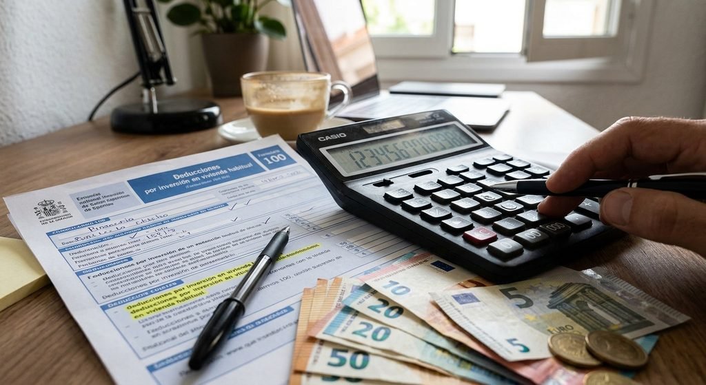 Calculadora y documentos calculando la deducción fiscal de un plan de pensiones