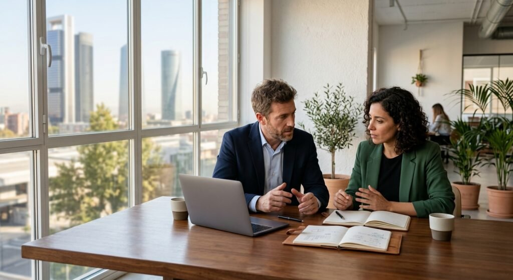 Dos profesionales debatiendo estrategias de éxito en los negocios en una oficina con vistas a la ciudad