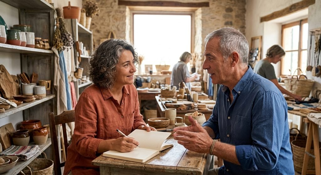 Emprendedores hablando sobre las claves del éxito en los negocios dentro de un taller artesanal