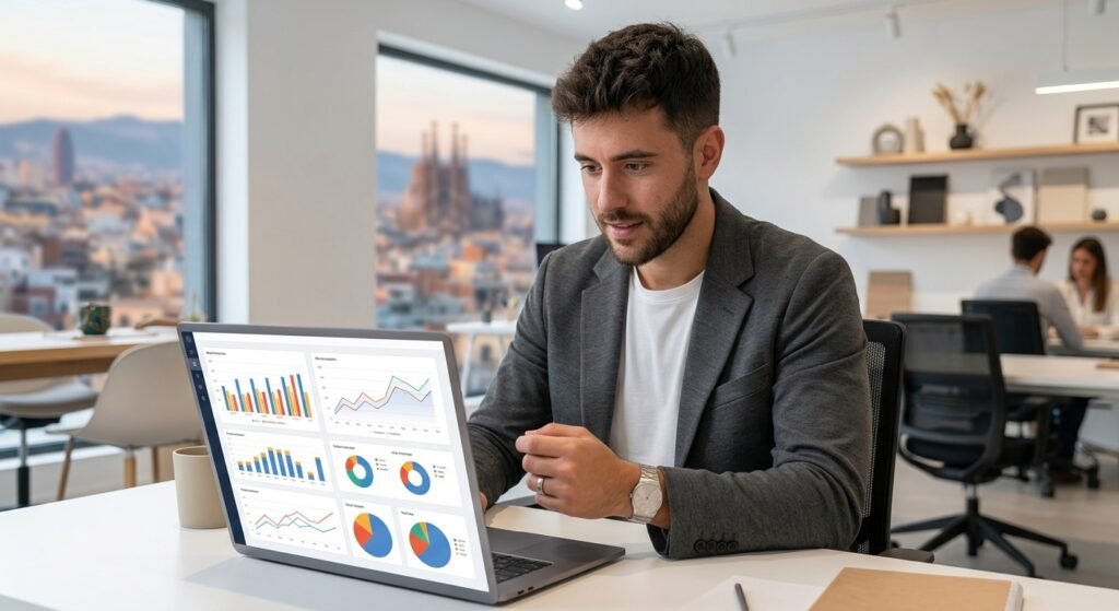 Hombre analizando estadísticas de redes sociales en su portátil desde una oficina con grandes ventanales