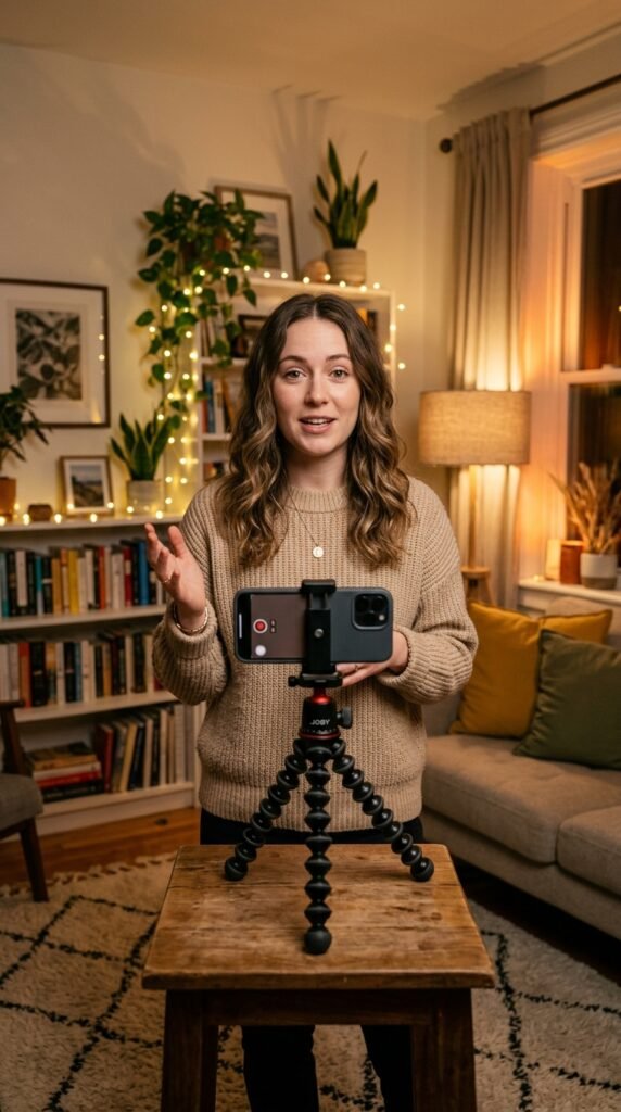Mujer grabando un vídeo con el móvil para sus redes sociales desde su salón