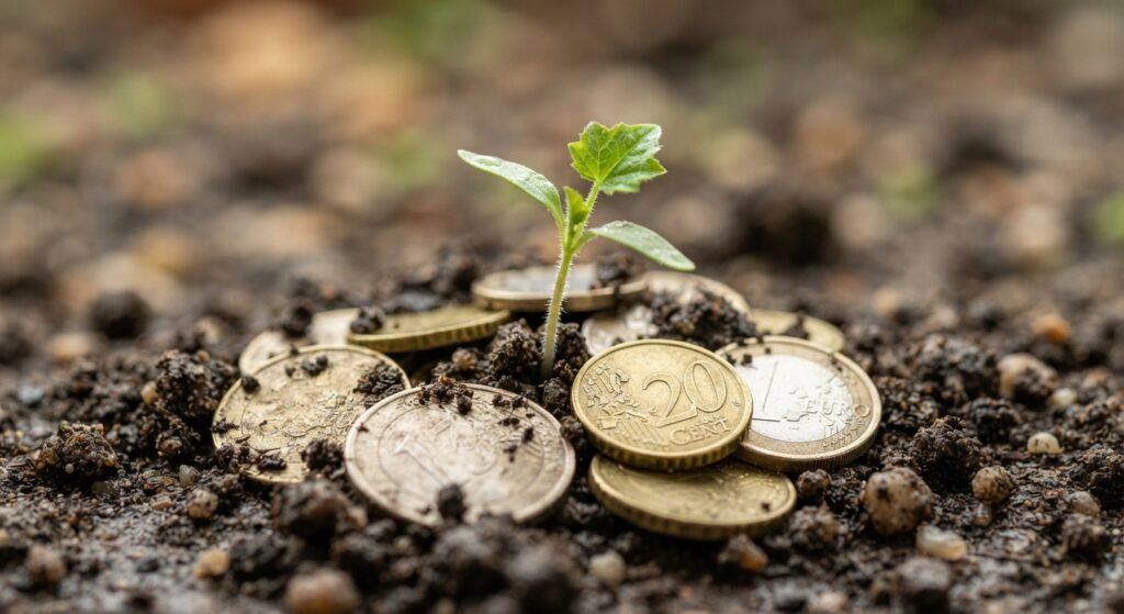 Una planta creciendo desde monedas, representando cómo empezar a invertir tu ahorro poco a poco