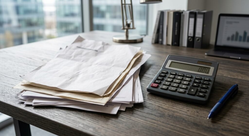 Facturas de gastos fijos y calculadora sobre una mesa, calculando el ahorro mensual posible