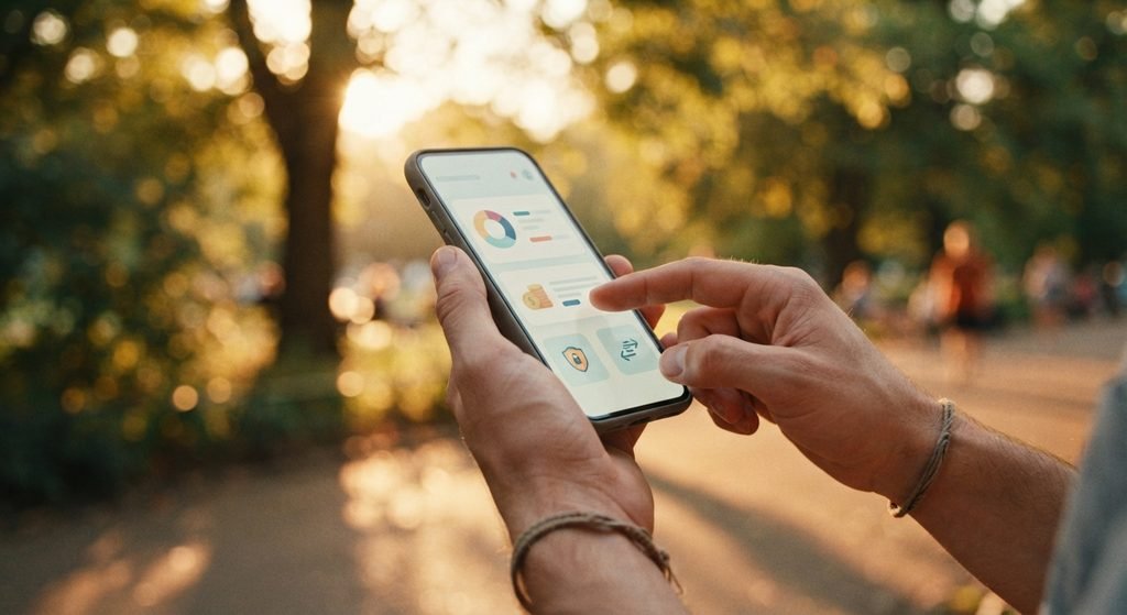 Persona revisando su app bancaria para evitar comisiones y mejorar su ahorro mensual.