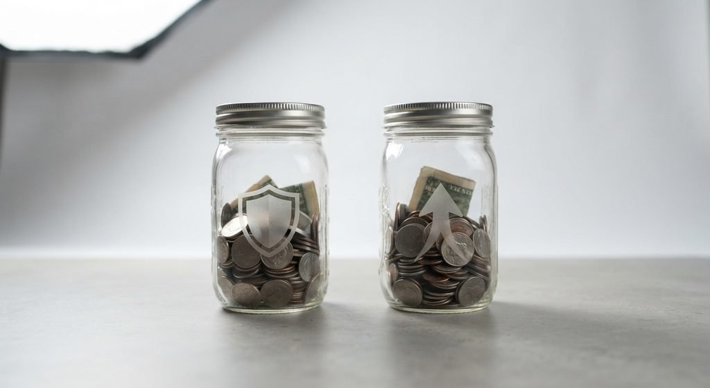 Dos botes de ahorro comparando el fondo de emergencia y la inversión antes de empezar