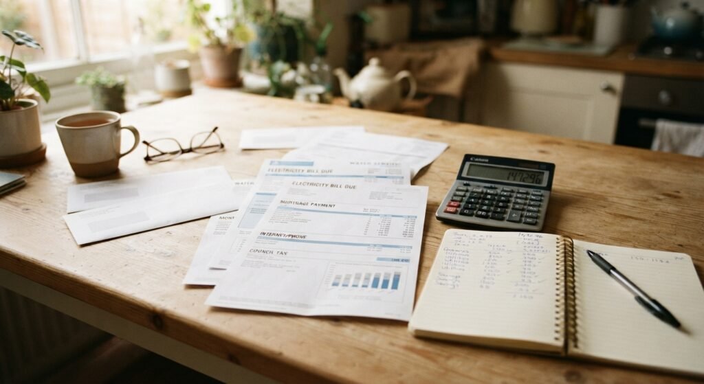 Facturas y calculadora sobre una mesa, calculando los gastos mensuales de un hogar
