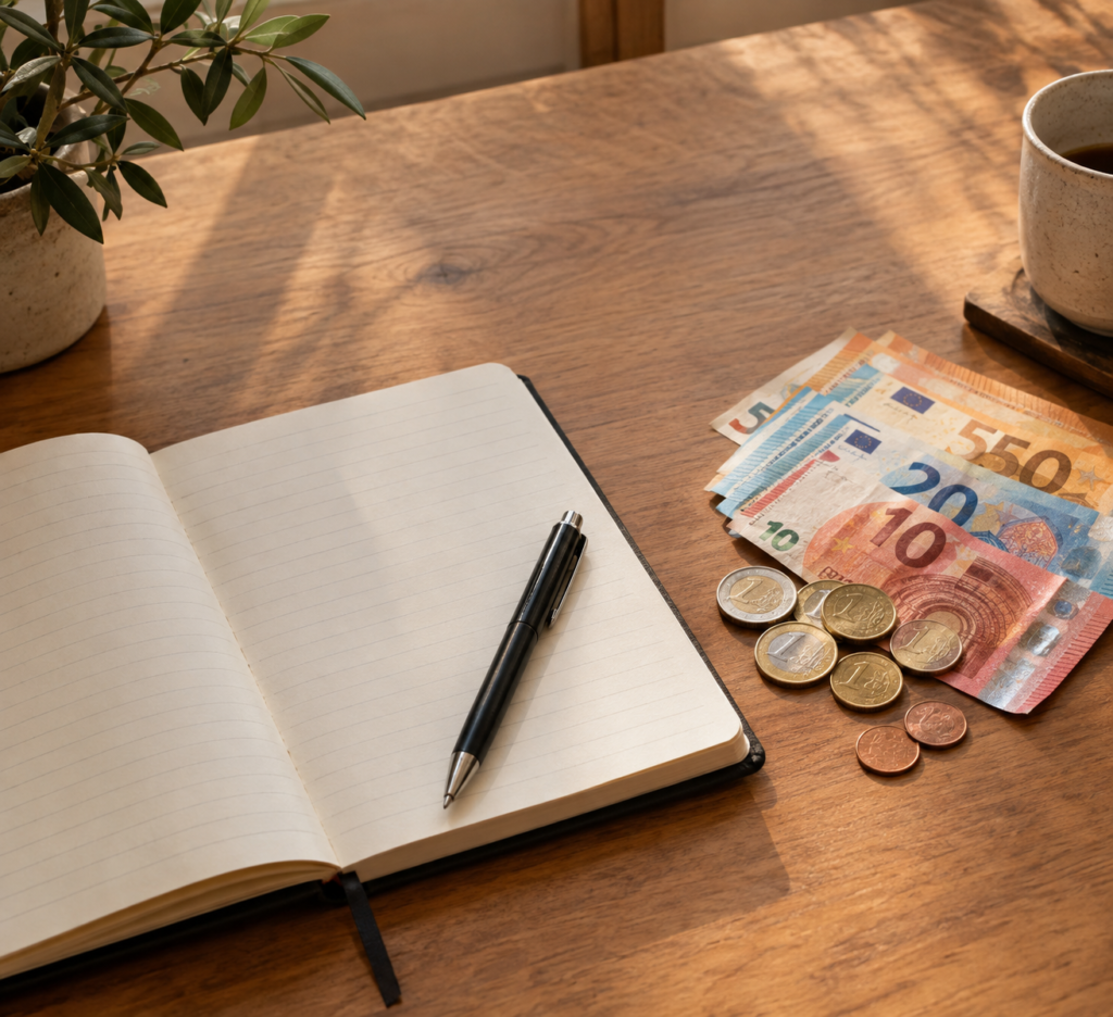 Libreta y boli junto a monedas, representando el método Kakebo para el ahorro
