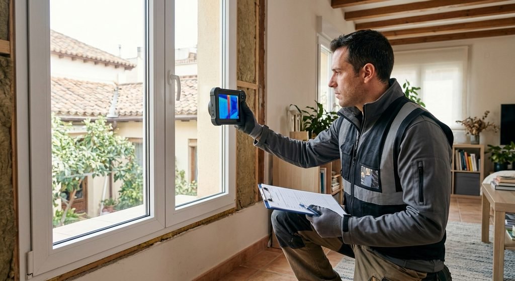 Hombre usando una cámara térmica para hacer una auditoría energética, uno de los negocios poco explotados en España